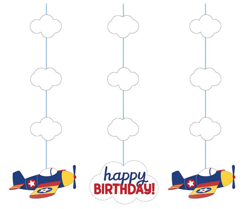 Three hanging party decorations with blue and orange airplane cutouts and white cloud cutouts, one featuring "Happy.