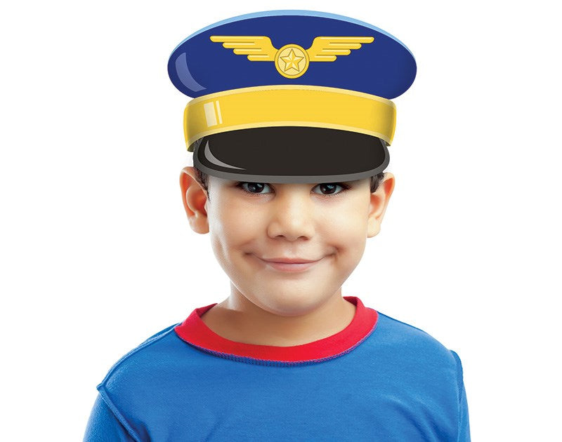 Blue and yellow pilot hat headband with gold wing emblem, designed for children.