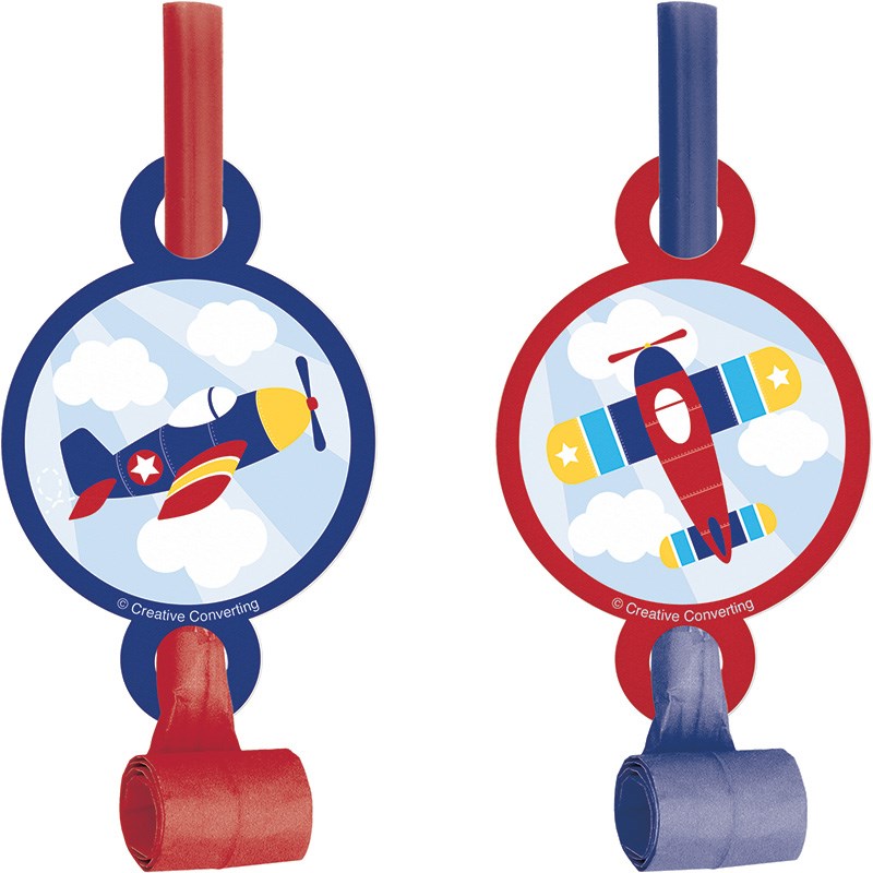 Colorful airplane-themed blowout party favors with red and blue plastic mouthpieces, featuring clouds and playful plane.