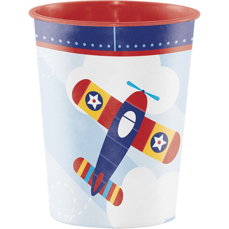 Blue plastic 16oz cup with red rim featuring colorful cartoon airplane and cloud graphics.