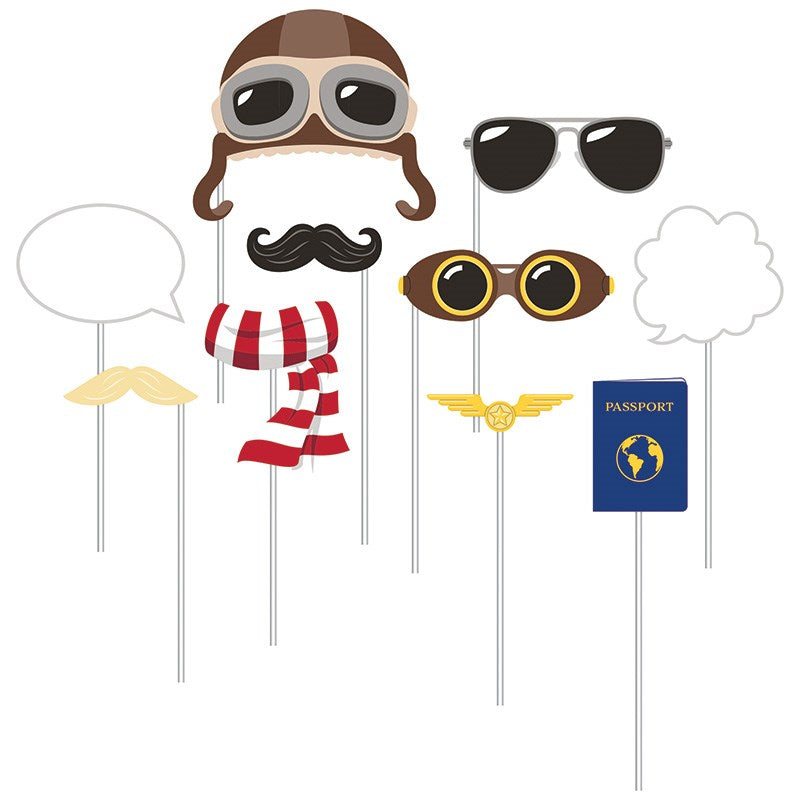 Set of 10 airplane photo booth props including pilot hat, goggles, mustache, scarf, passport, sunglasses, and speech bubble.