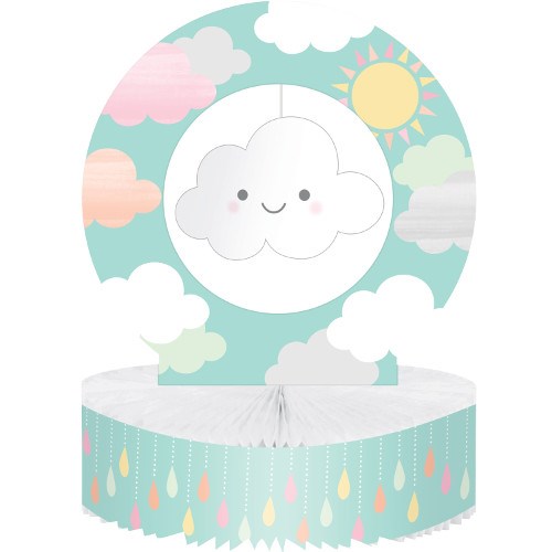 Round baby shower centerpiece with smiling white cloud, sun, pastel raindrops on turquoise background.