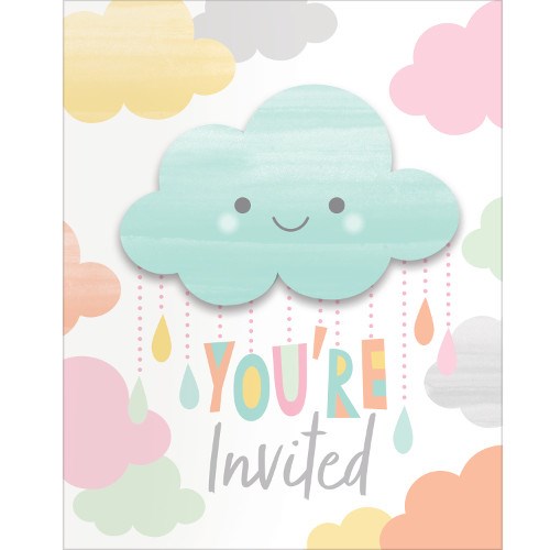 Pastel-colored baby shower invitation featuring a smiling turquoise cloud with raindrops and "You're Invited" text.
