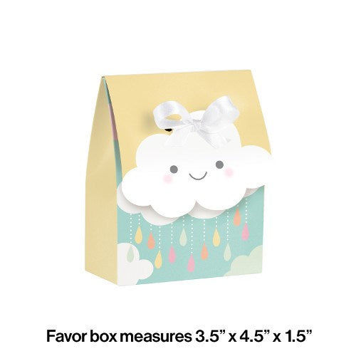 Small rectangular favor box with pastel yellow top, blue base decorated with clouds and raindrops, featuring a smiling white