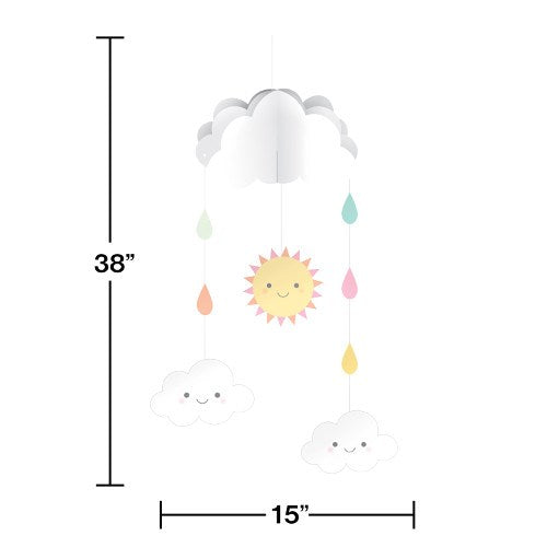 White cloud-shaped mobile with hanging smiling sun and colorful raindrops, 38 inches tall.