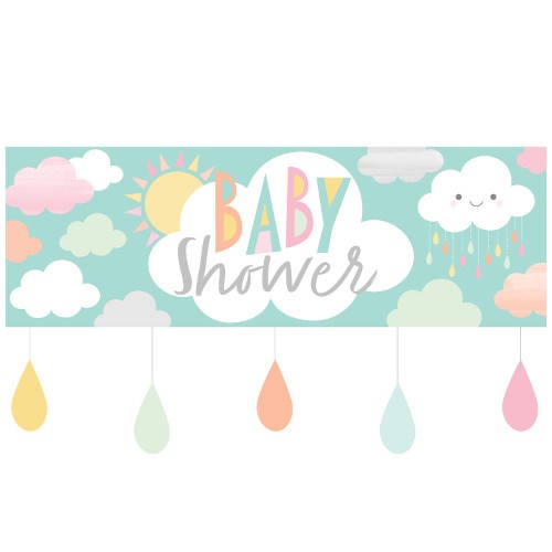 Pastel-colored baby shower banner with sun, clouds, raindrops, and "Baby Shower" text in playful fonts.