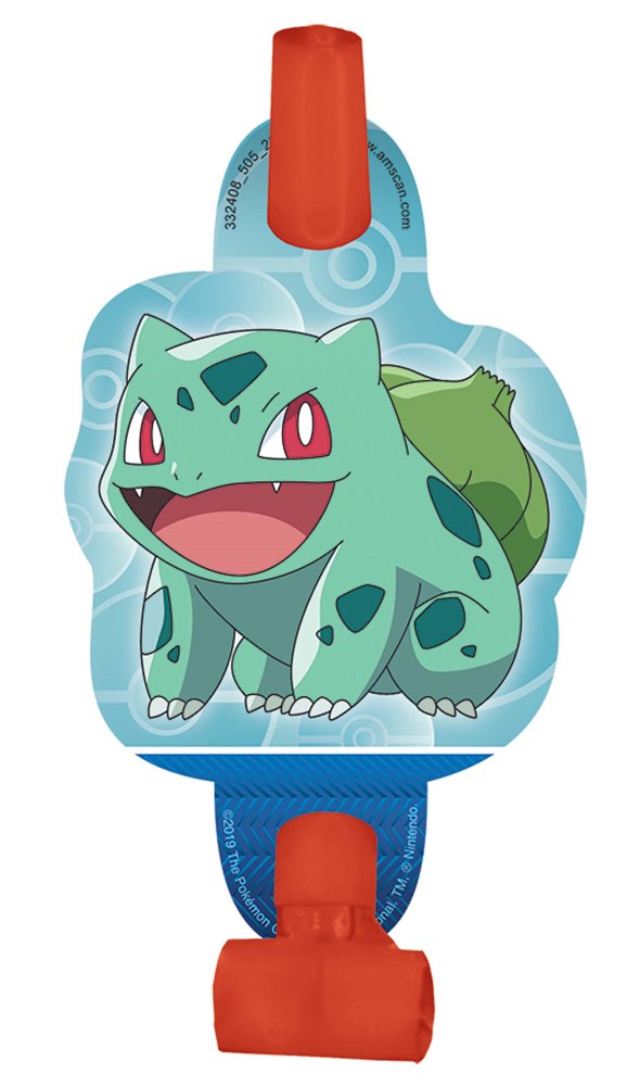 Bulbasaur-shaped party blowout with blue background and red mouthpiece.
