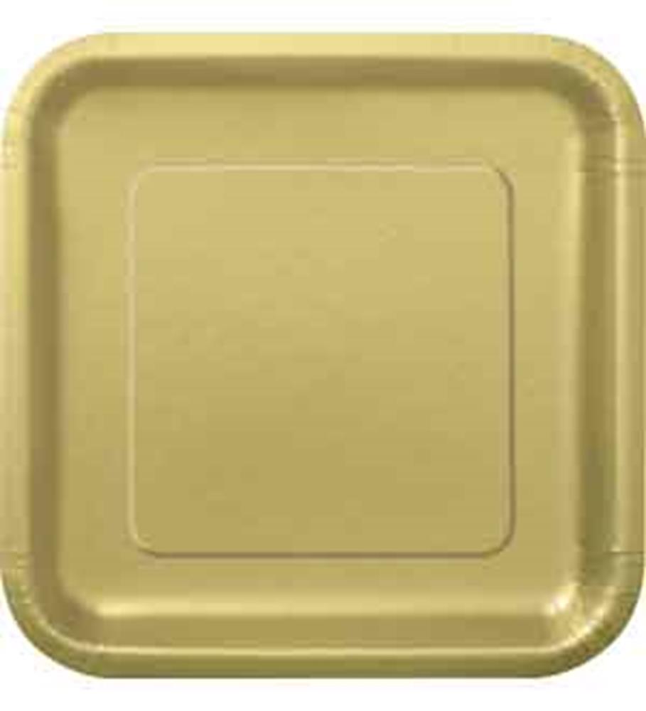 Gold 9-inch square paper plate with slightly raised edges and a smooth matte finish.