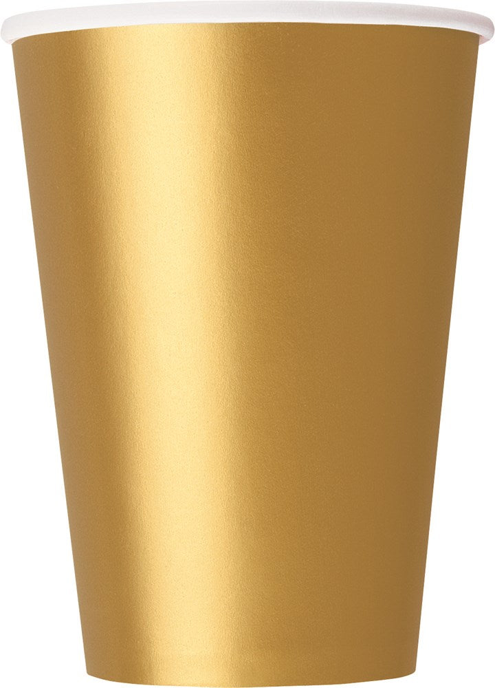 Set of ten solid gold 12oz paper cups with a smooth matte finish and white rims.