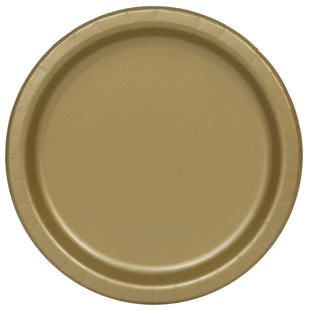 Round disposable gold-colored paper plate with a slightly raised rim and a smooth center.