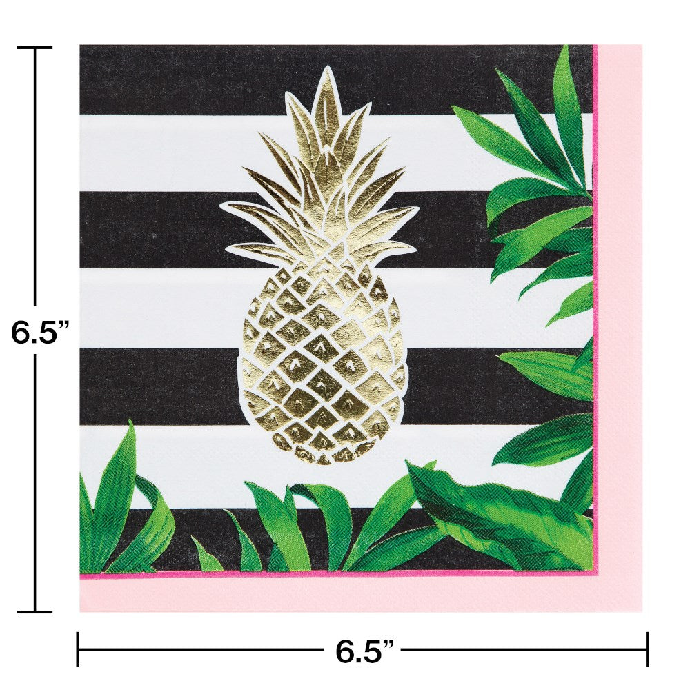 Square lunch napkin with black and white horizontal stripes, gold foil stamped pineapple in center, pink border, and green.