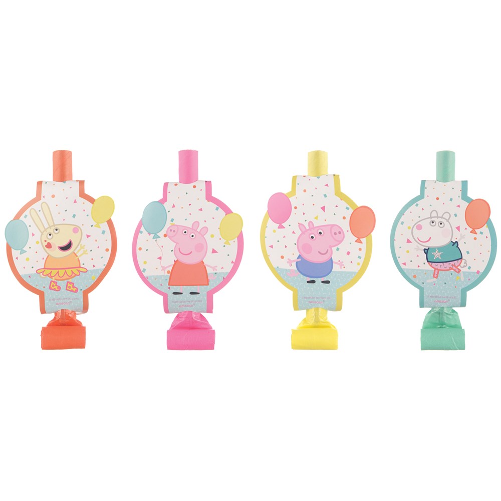 Set of four colorful party blowouts featuring Peppa Pig characters with confetti designs and plastic mouthpieces in orange,.