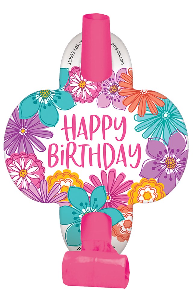 Colorful birthday blowout with large flower patterns and "Happy Birthday" text in pink.