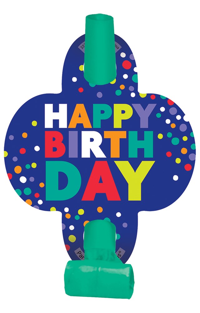 Blue happy birthday blowout with colorful bold letters and multicolored confetti dots, green mouthpiece.