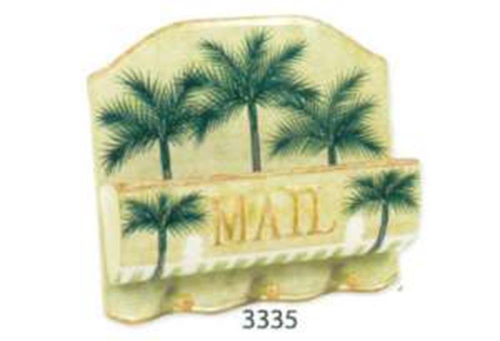 Wooden wall-mounted mail holder with painted green palm trees and gold "MAIL" lettering, includes key hooks below.