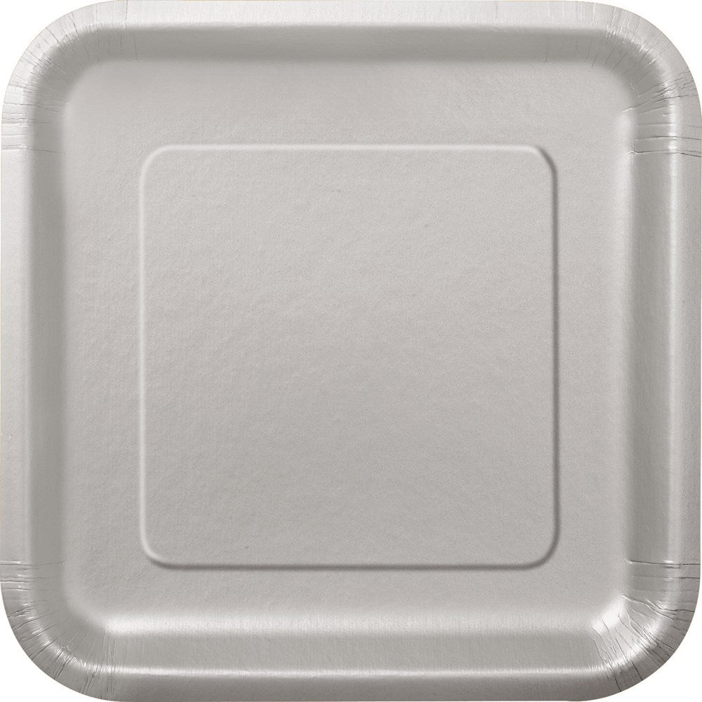 Square silver dessert plate with slightly raised edges, textured finish, 7-inch size.