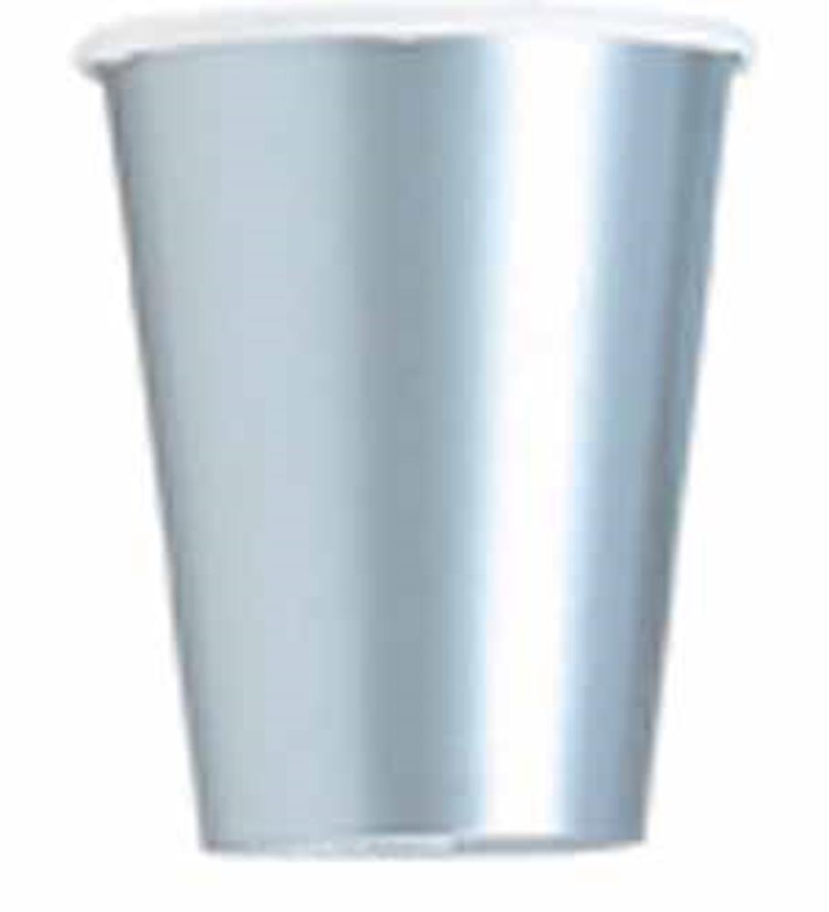 9-ounce silver metallic cup with smooth finish and slightly tapered shape.