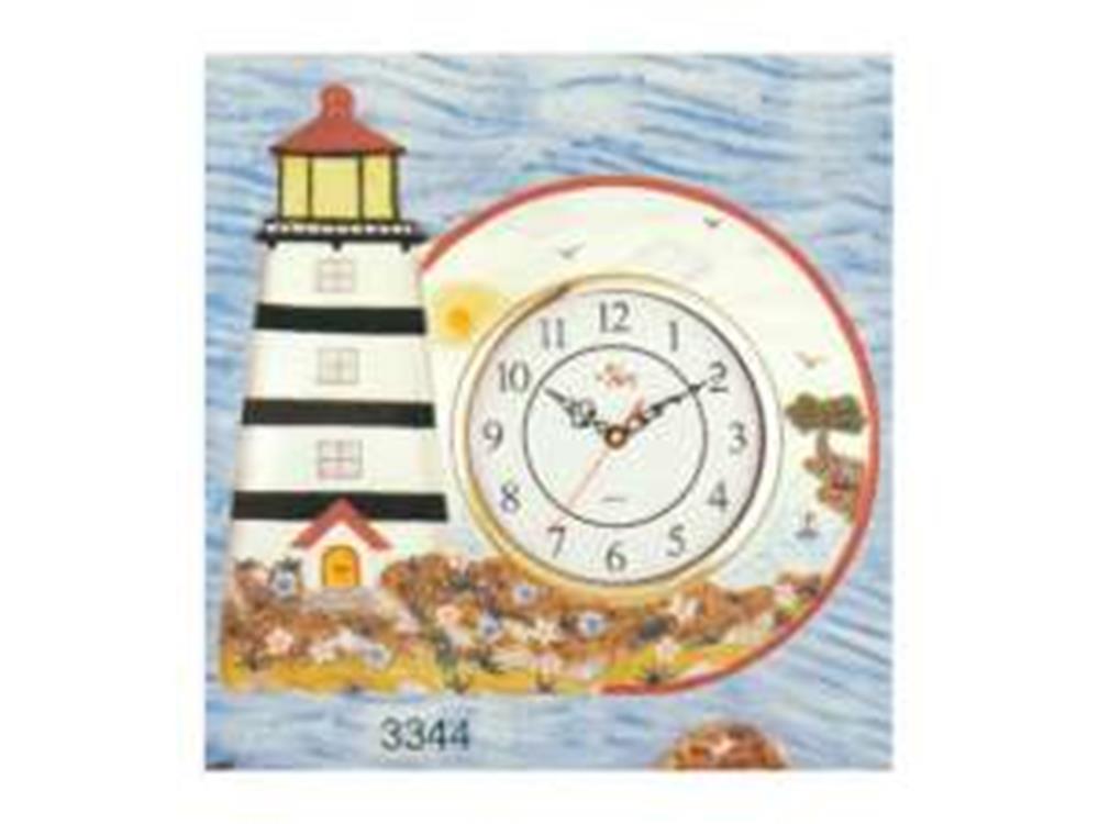Round clock with a coastal lighthouse design, white face, black numbers, and red trim.