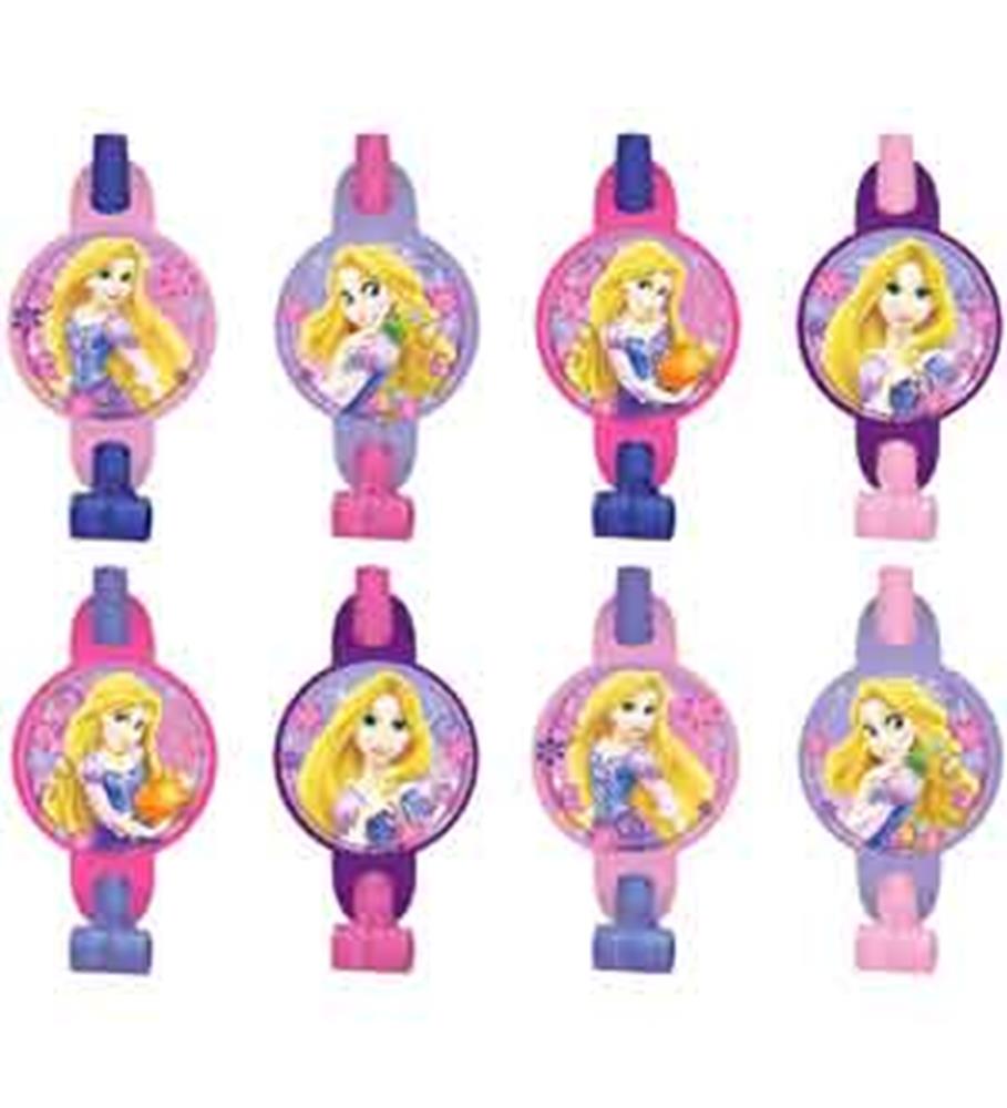 Set of eight colorful plastic party blowouts featuring Rapunzel’s image on round, decorated faceplates with purple, pink,.