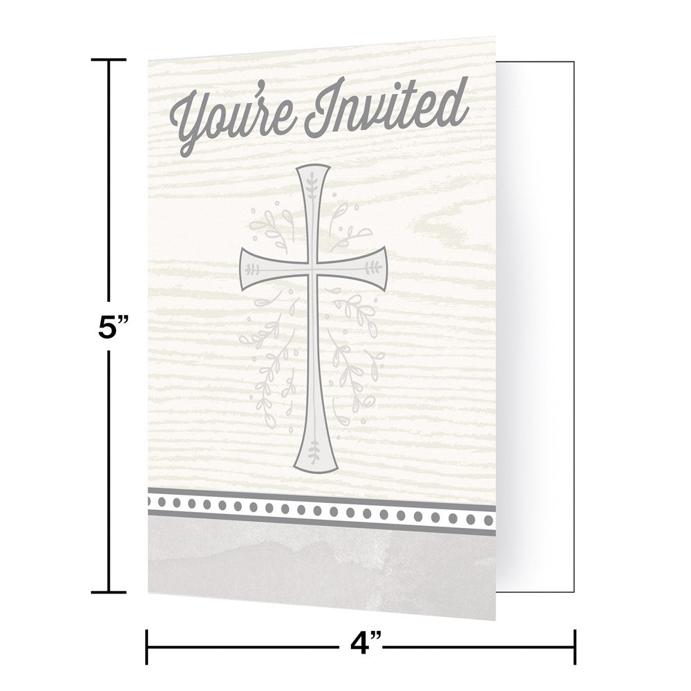 White invitation card with silver cross and "You're Invited" text, 5x4 inches, elegant design.