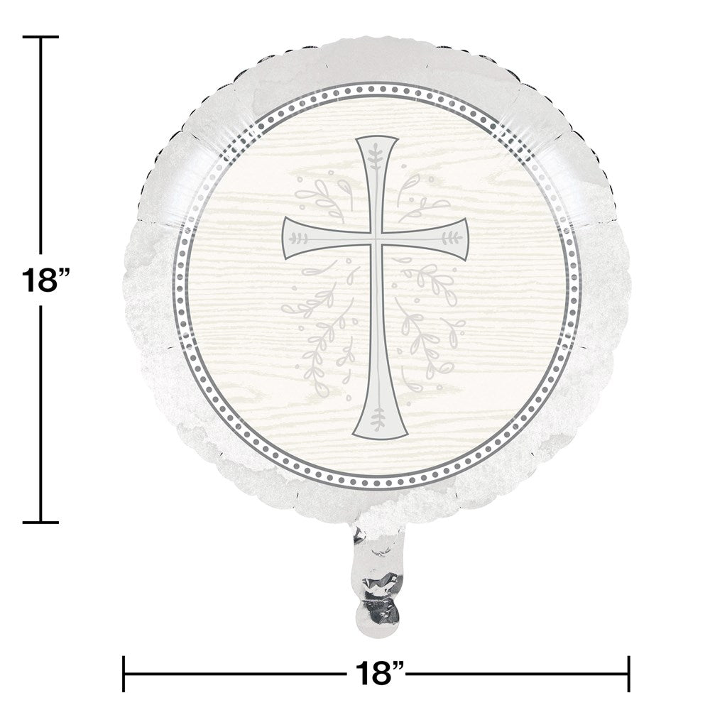 Round silver foil balloon with a centered cross design and decorative border, 18 inches wide and tall.