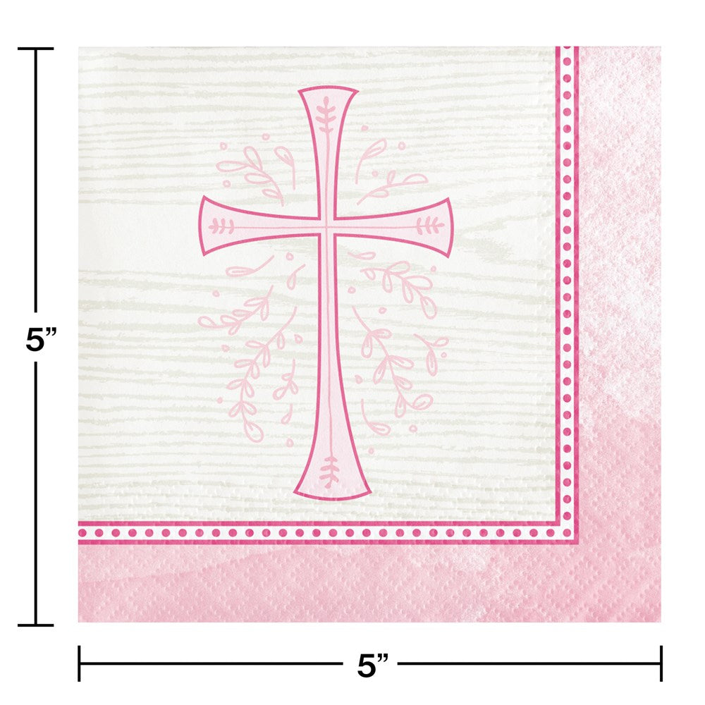 Square pink and white beverage napkin with a pink cross and floral design, 5x5 inches.