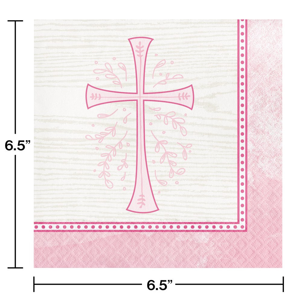 Square pink and white lunch napkin with a pink cross and decorative floral pattern, 16 count.