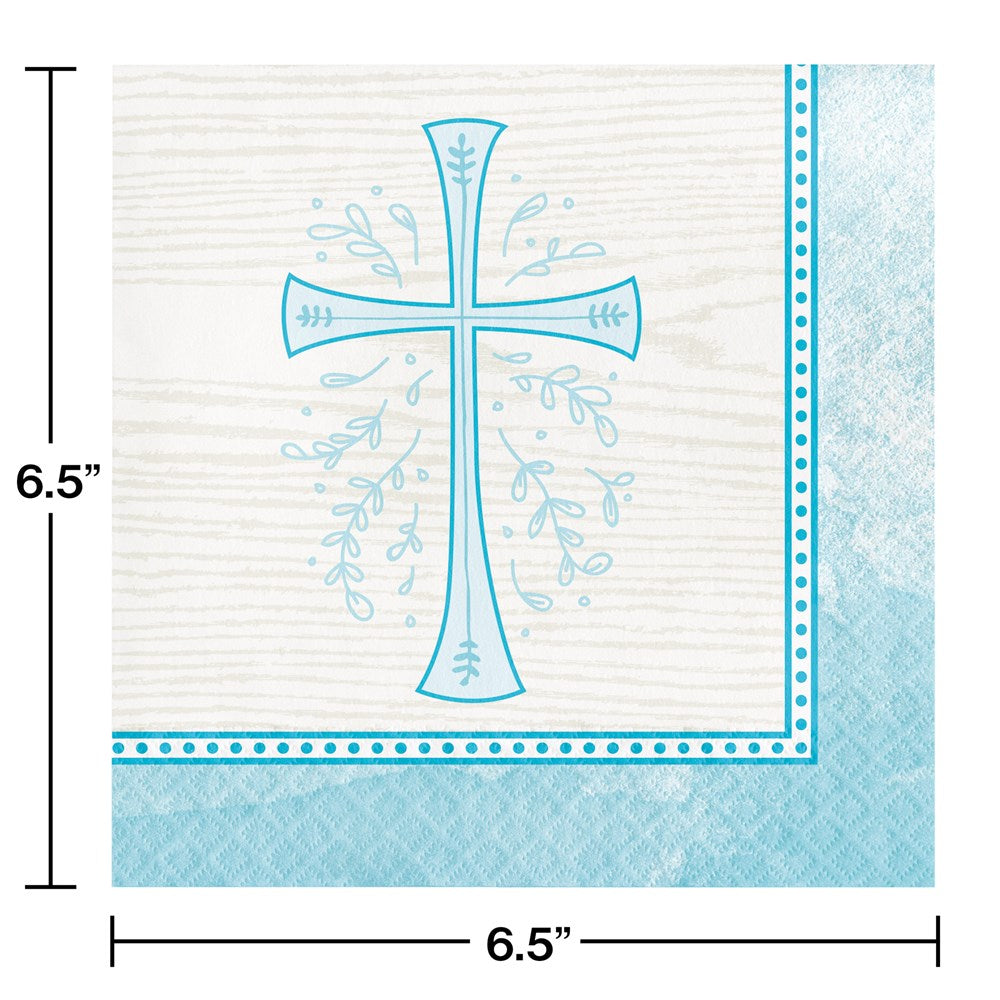 Square blue and white paper lunch napkin with decorative cross and floral design, 16 count.