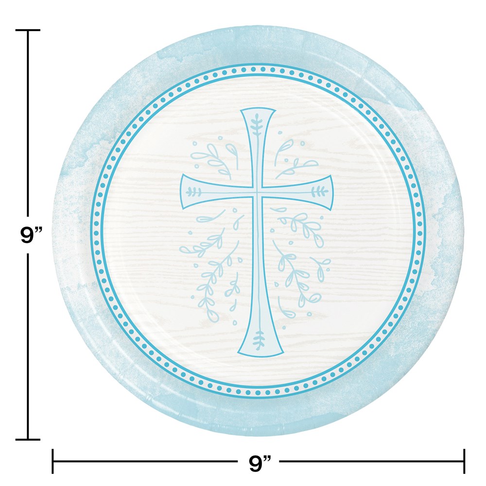 9-inch round paper plate with a blue floral cross design and light blue patterned border.