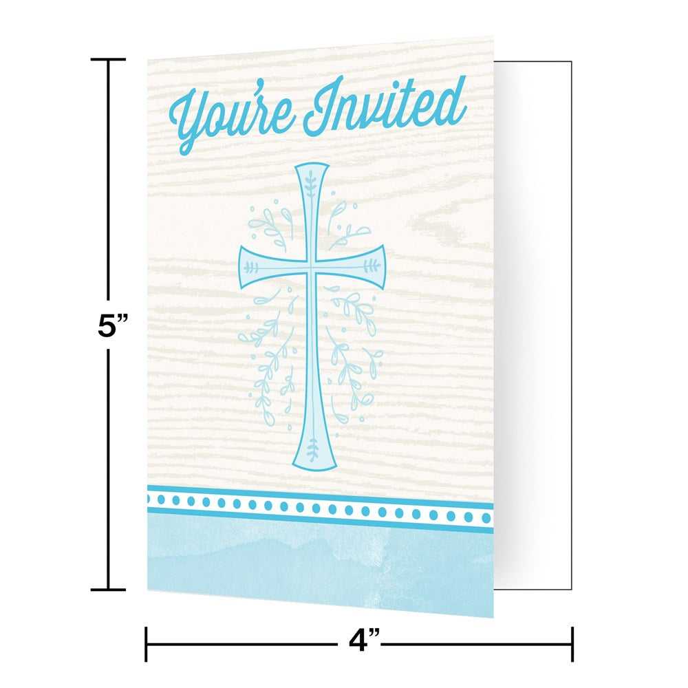 White invitation card with light wood texture background, blue cross surrounded by doves, "You're Invited" in blue script,.