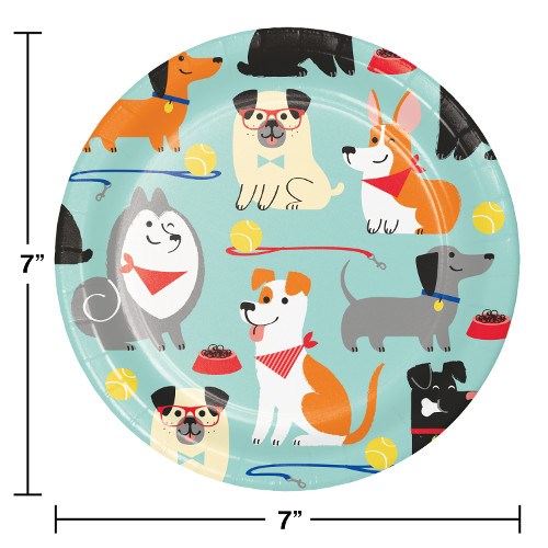 7-inch round paper plate with colorful cartoon dogs on a light blue background, featuring playful pups and yellow tennis.