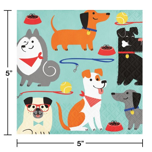 Square teal napkin with colorful cartoon dogs, dog bowls, tennis balls, and a red leash.