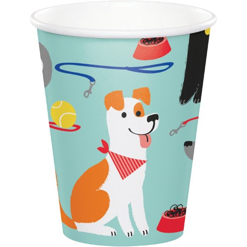 Light blue 9oz paper cup with cartoon dog, ball, leash, and dog bowl illustrations.
