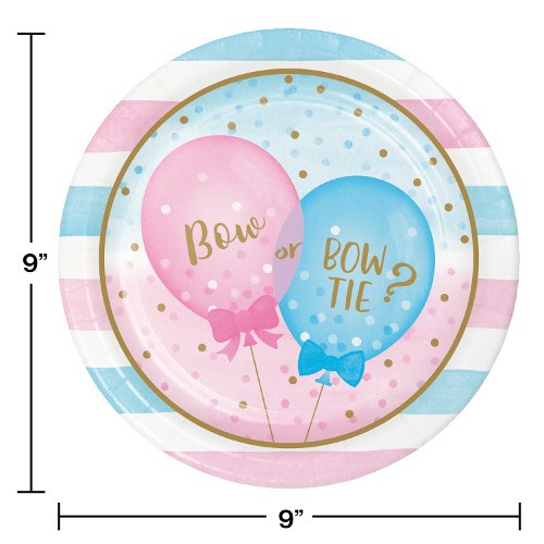 Round paper plate with pink and blue balloon designs, gold polka dots, and "Bow or Bow Tie?" text, 9-inch diameter.