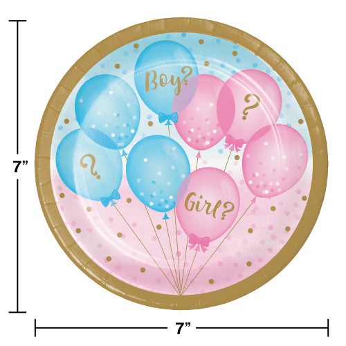 Round paper plate with a pink and blue balloon design, gold question marks, and a gold rim, 7 inches in diameter.
