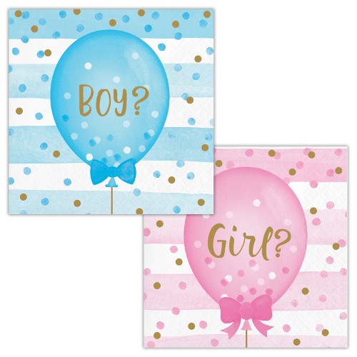 Square napkins with blue and pink balloons reading "Boy?" and "Girl?" over blue and pink striped backgrounds with gold and.