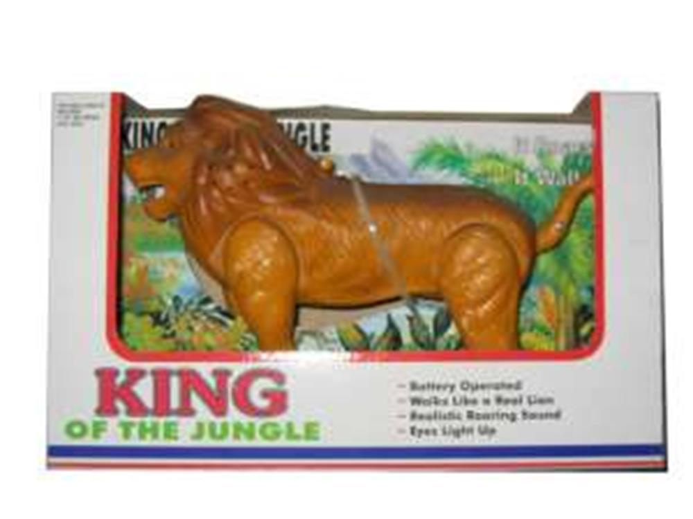 Brown plastic lion toy with detailed mane, standing pose, inside a colorful box labeled King of the Jungle.