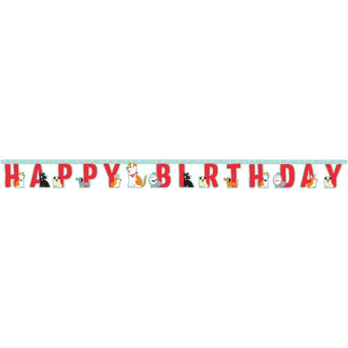 Colorful "Happy Birthday" banner with red letters and playful dog illustrations on white background.