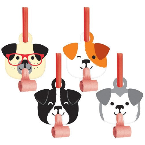 Set of four dog-themed party blowouts with red plastic mouthpieces and colorful cartoon dog faces in beige, white with.