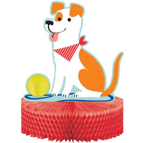 Honeycomb paper centerpiece with orange and white dog wearing red bandana, sitting next to yellow ball on blue base.
