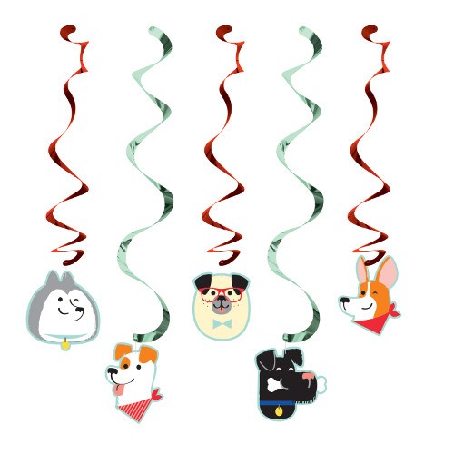 Five colorful spiral danglers in red and white with attached cartoon dog faces in various breeds and expressions.