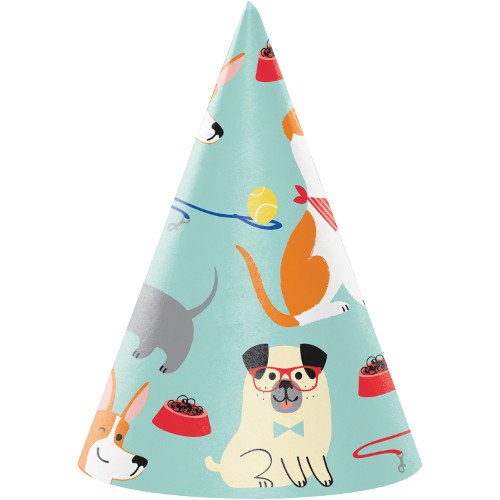Light blue cone party hat with colorful cartoon dogs, red dog bowls, and yellow tennis balls.