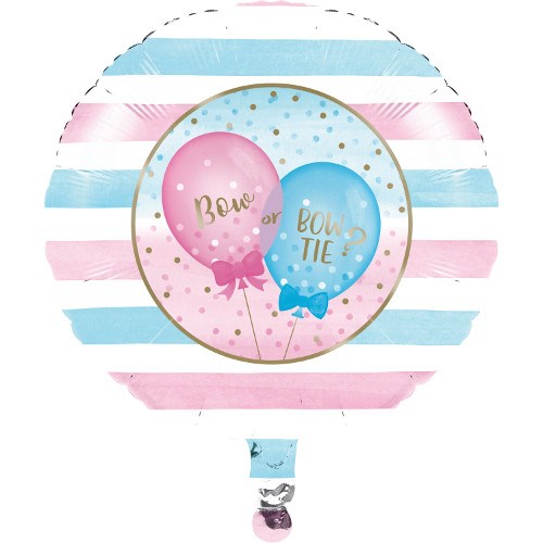 Round metallic balloon with blue and pink horizontal stripes, featuring two smaller balloons inside labeled "Bow" and "Bow.