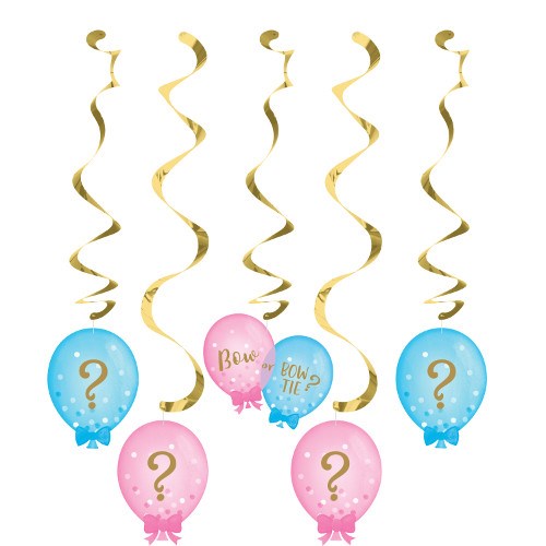 Set of five hanging balloon danglers with two pink, two blue, and one mixed pink and blue balloon, all featuring gold.
