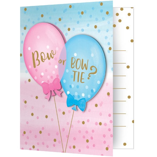 Gender reveal invitation cards with pink and blue balloons labeled "Bow" and "Bow Tie" on a blue and pink gradient.
