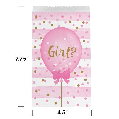 Small rectangular paper treat bag with pink and gold polka dots, featuring a pink balloon with "Girl?" in gold and a pink.