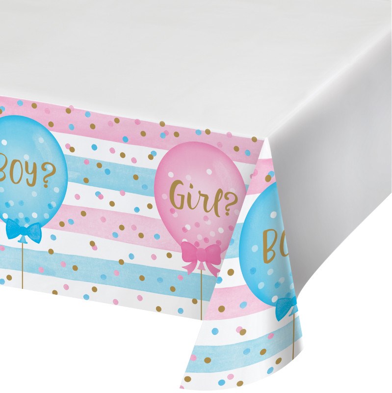 Baby shower tablecover with pink and blue stripes, blue and pink balloons labeled "Boy?" and "Girl?", and gold confetti dots.