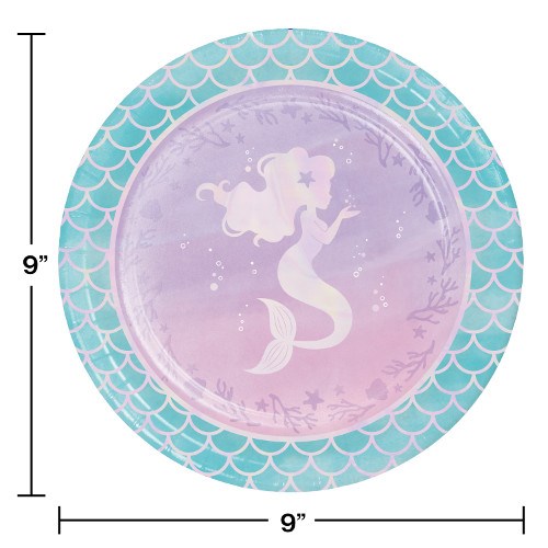 Round iridescent dinner plate with purple center featuring a white mermaid silhouette and aqua scallop patterned rim, 9.