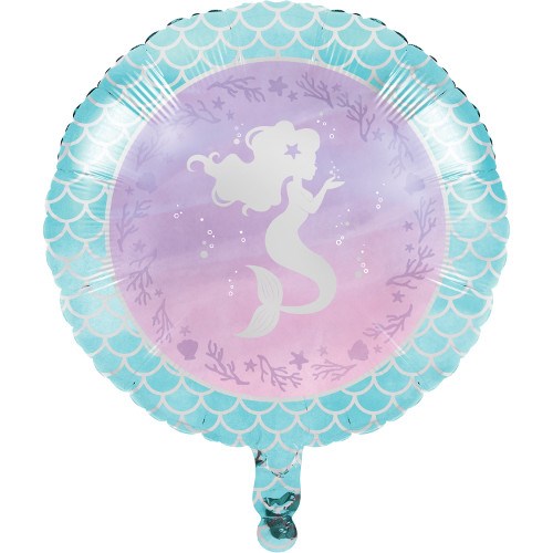 18-inch round metallic balloon with turquoise mermaid scale border and lavender center featuring white mermaid silhouette.