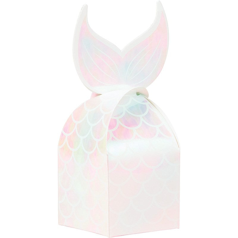Iridescent pastel favor box with embossed mermaid scale pattern and fin-shaped top closure.